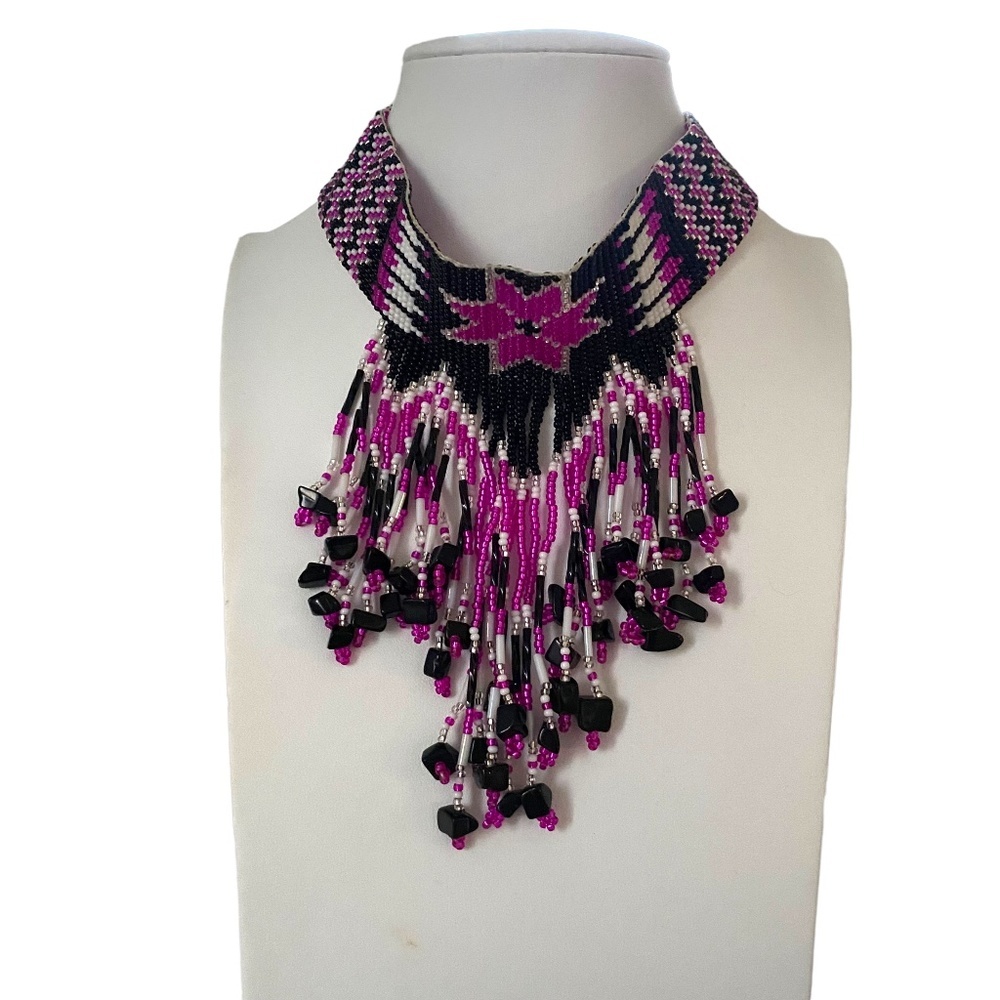 Handmade chocker NA Native American Boho purple black leather tribal necklace